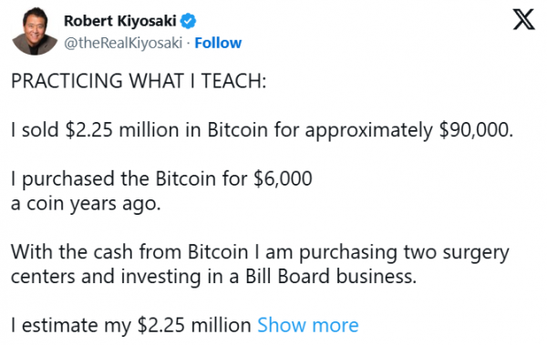 
                    Роберт Кийосаки продал биткоины на $2,25 млн и вложил деньги в бизнес                