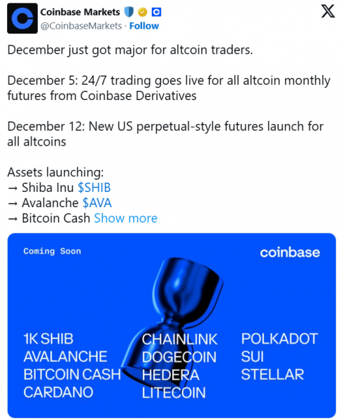 5 декабря Coinbase запустит круглосуточную торговлю фьючерсами на альткоины
5 декабря Coinbase запустит круглосуточную торговлю фьючерсами на альткоины